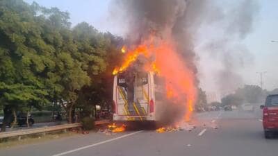 A preliminary investigation suggested that a short circuit in the engine may have triggered the fire. The driver and conductor were detained for investigation, police and fire officials said. (HT Photo) A preliminary investigation suggested that a short circuit in the engine may have triggered the fire. The driver and conductor were detained for investigation, police and fire officials said. (HT Photo)