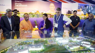 Chief minister Yogi Adityanath looks at a model layout of the campus during the 10th-anniversary celebrations of HCLTech Lucknow, in Lucknow on Tuesday. (ANI) Chief minister Yogi Adityanath looks at a model layout of the campus during the 10th-anniversary celebrations of HCLTech Lucknow, in Lucknow on Tuesday. (ANI)