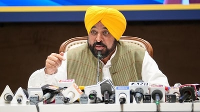 Punjab CM Bhagwant Mann addresses a press conference in Chandigarh. Punjab CM Bhagwant Mann addresses a press conference in Chandigarh.