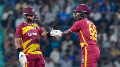 Sherfane Rutherford and Shai Hope steadied the ship with an 85-run stand. Both batters went on to hit half-centuries. (AFP)