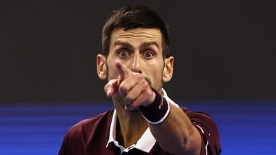 Serbia's Novak Djokovic reacts during his semi final match against Russia's Daniil Medvedev (REUTERS)
