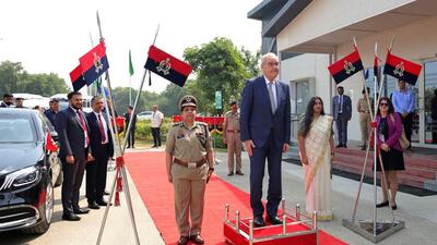 The Swiss Confederation President Guy Parmelin during his visit to the Noida airport in Jewar on Tuesday. (HT Photo) The Swiss Confederation President Guy Parmelin during his visit to the Noida airport in Jewar on Tuesday. (HT Photo)