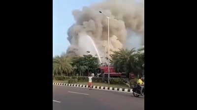 The fire was reported around 6.55am at the colony, nearly 800 metres from the airport premises near Laxman Chowk (Sourced) The fire was reported around 6.55am at the colony, nearly 800 metres from the airport premises near Laxman Chowk (Sourced)