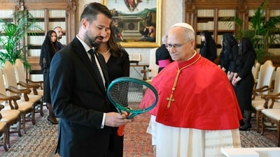 This handout photo taken and released by the Vatican press office, Vatican Media, on October 3, 2026shows Pope Leo XIV (R) exchanging gifts with Montenegro's President Jakov Milatovic (AFP) This handout photo taken and released by the Vatican press office, Vatican Media, on October 3, 2026shows Pope Leo XIV (R) exchanging gifts with Montenegro's President Jakov Milatovic (AFP)