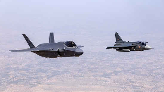 A USAF F-35 flying in formation with the IAF’s Tejas during Tarang Shakti.