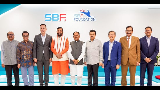 Haryana chief minister Nayab Singh Saini posing with Chhattisgarh chief minister Vishnu Deo Sai, Haryana minister Rao Narbir Singh and other dignitaries during a round table conference, in Singapore on Tuesday. (ANI)