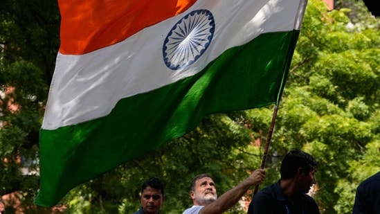 త్రివర్ణ పతాకంతో రాహుల్ గాంధీ (AP Photo/Manish Swarup)
