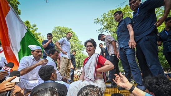New Delhi, India - Oct. 6, 2026: Congress leaders Priyanka Gandhi Vadra and Rahul Gandhi, along with other INDIA bloc MPs, take part in a protest march from Parliament House towards the Election Commission of India (ECI) headquarters in New Delhi.