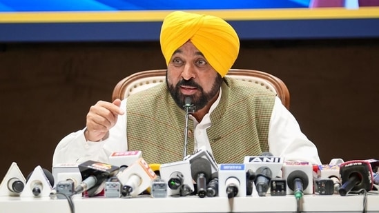 Punjab CM Bhagwant Mann addresses a press conference in Chandigarh.