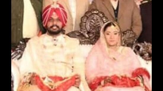 Sirhind Market Committee chairman Amarinder Singh and his bride Manwinder Kaur at their wedding on February 10, 2026.