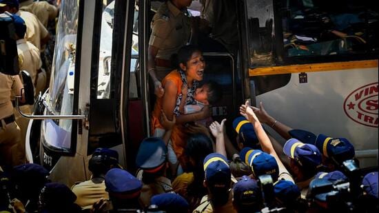 The police action happened on Tuesday morning, as the students were preparing to leave Tilak Bhavan. Private buses were summoned and the students were made to board them (Raju Shinde/HT Photo)