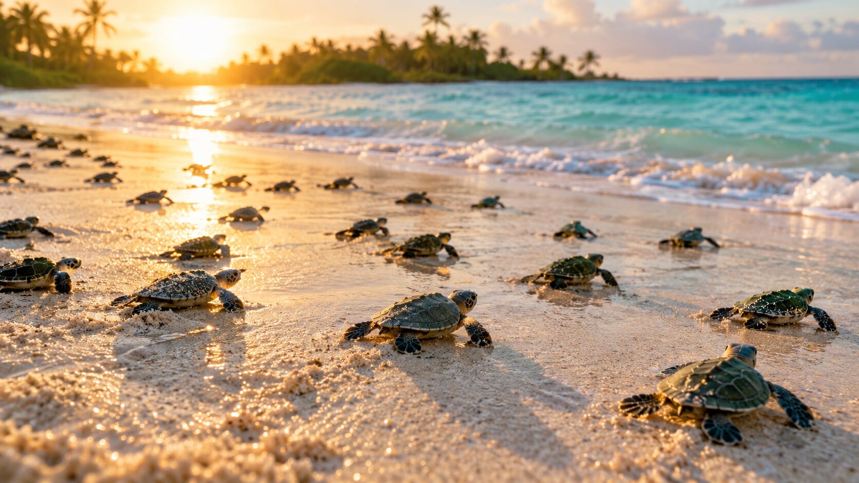 Green sea turtle hatchlings make their way across the sand toward the ocean. (AI-generated/ChatGPT)