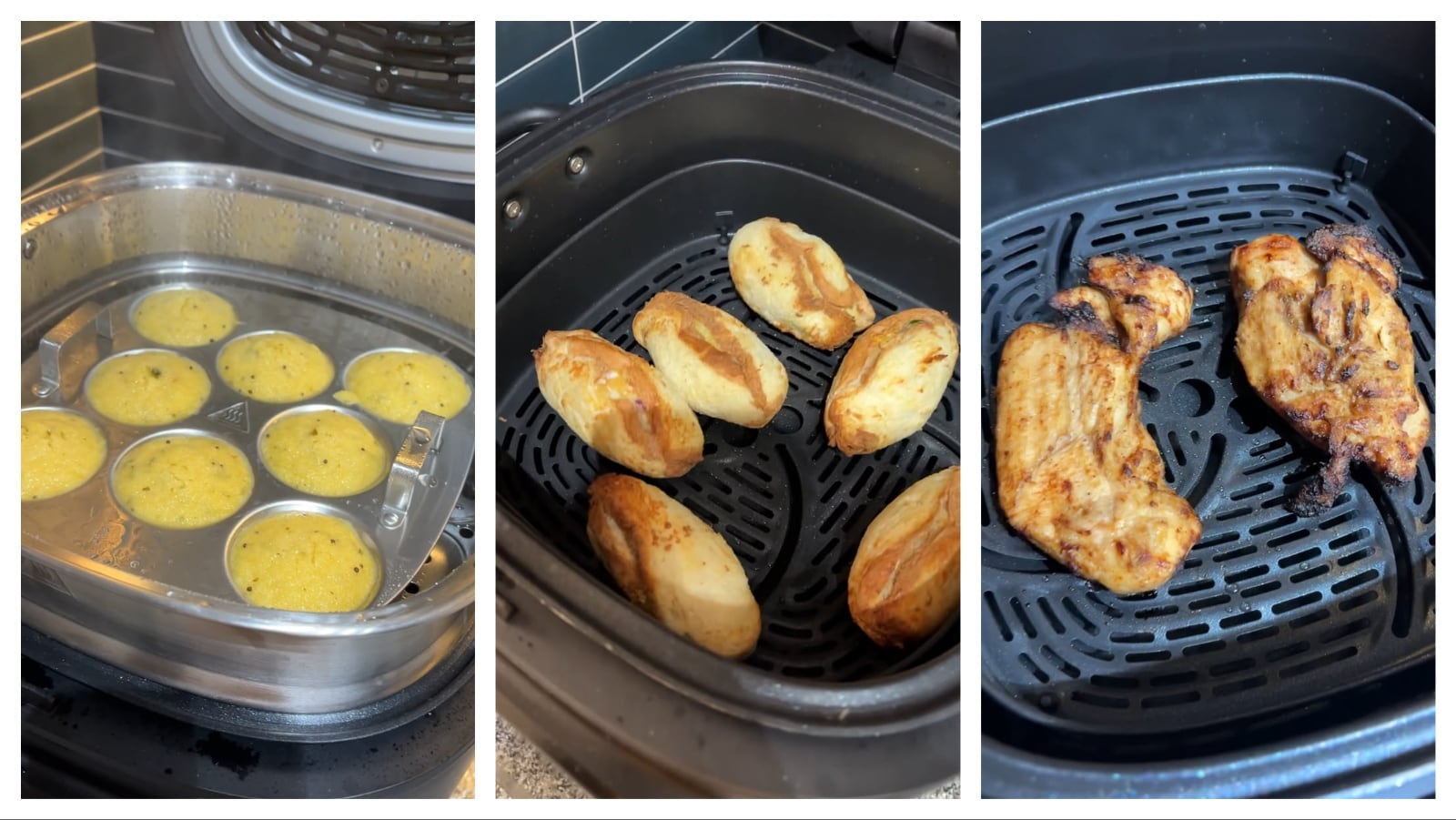 Idli, bread rolls and chicken steak cooked to perfection. (Aishwarya Faraswal - HT)