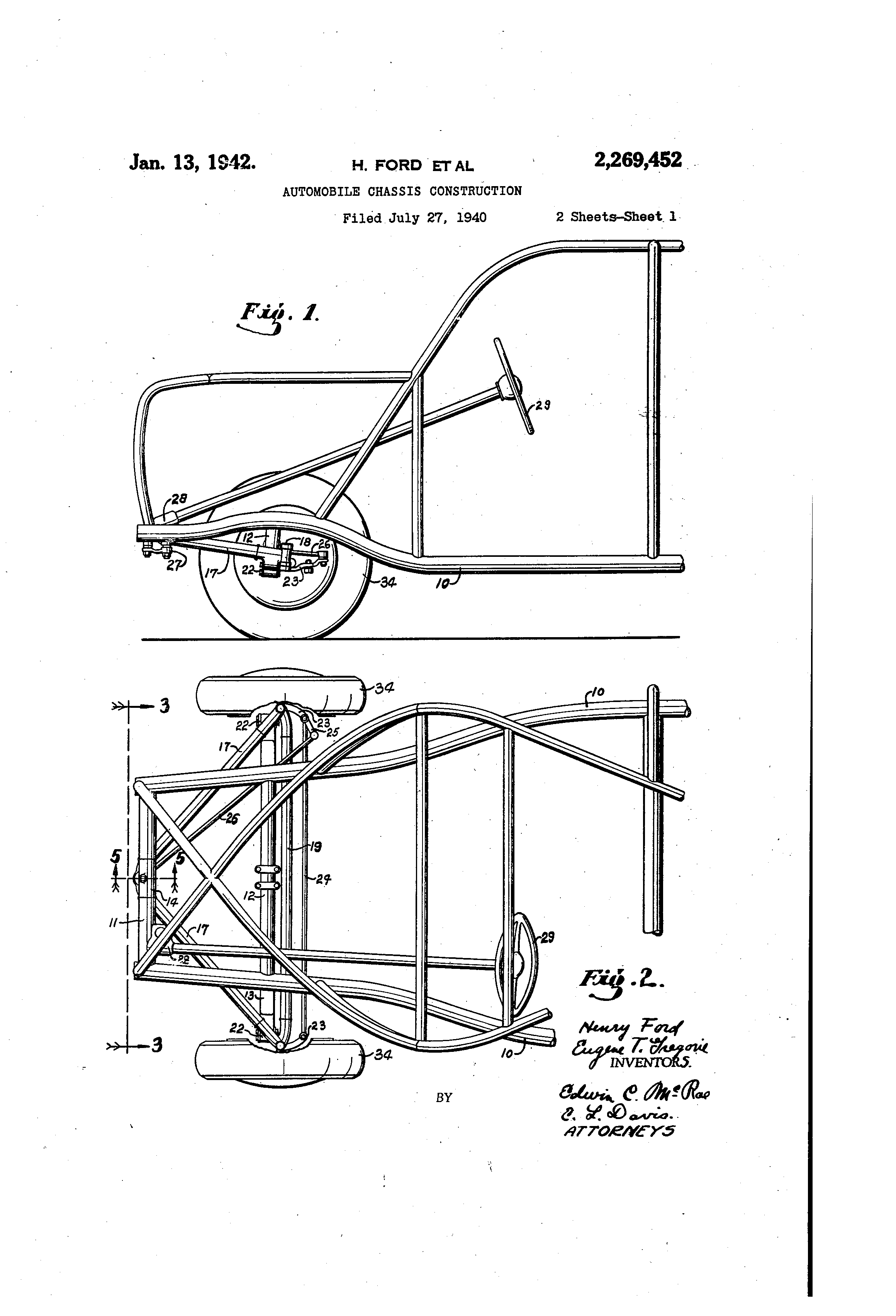 A 1940 patent drawing by Henry Ford and Eugene T. Gregorie shows an automobile chassis design from the same period as Ford’s soybean car experiment. (Google Patents) A 1940 patent drawing by Henry Ford and Eugene T. Gregorie shows an automobile chassis design from the same period as Ford’s soybean car experiment. (Google Patents)