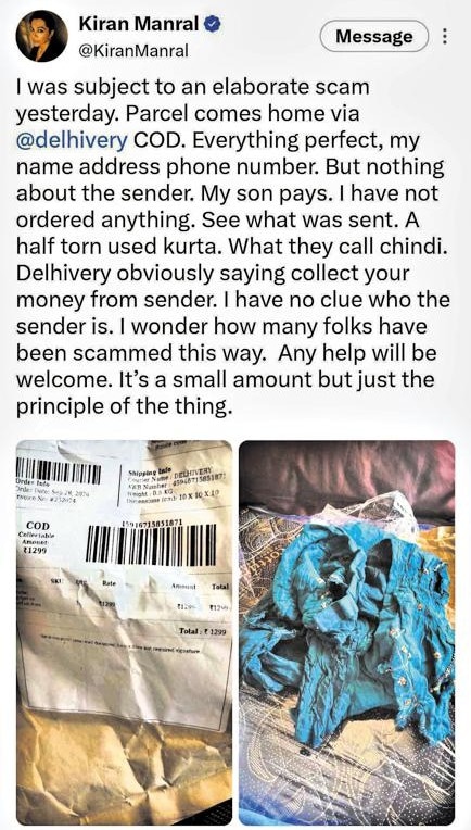 Kiran Manral took to X to describe her experience of the COD delivery scam. (Photo: X)