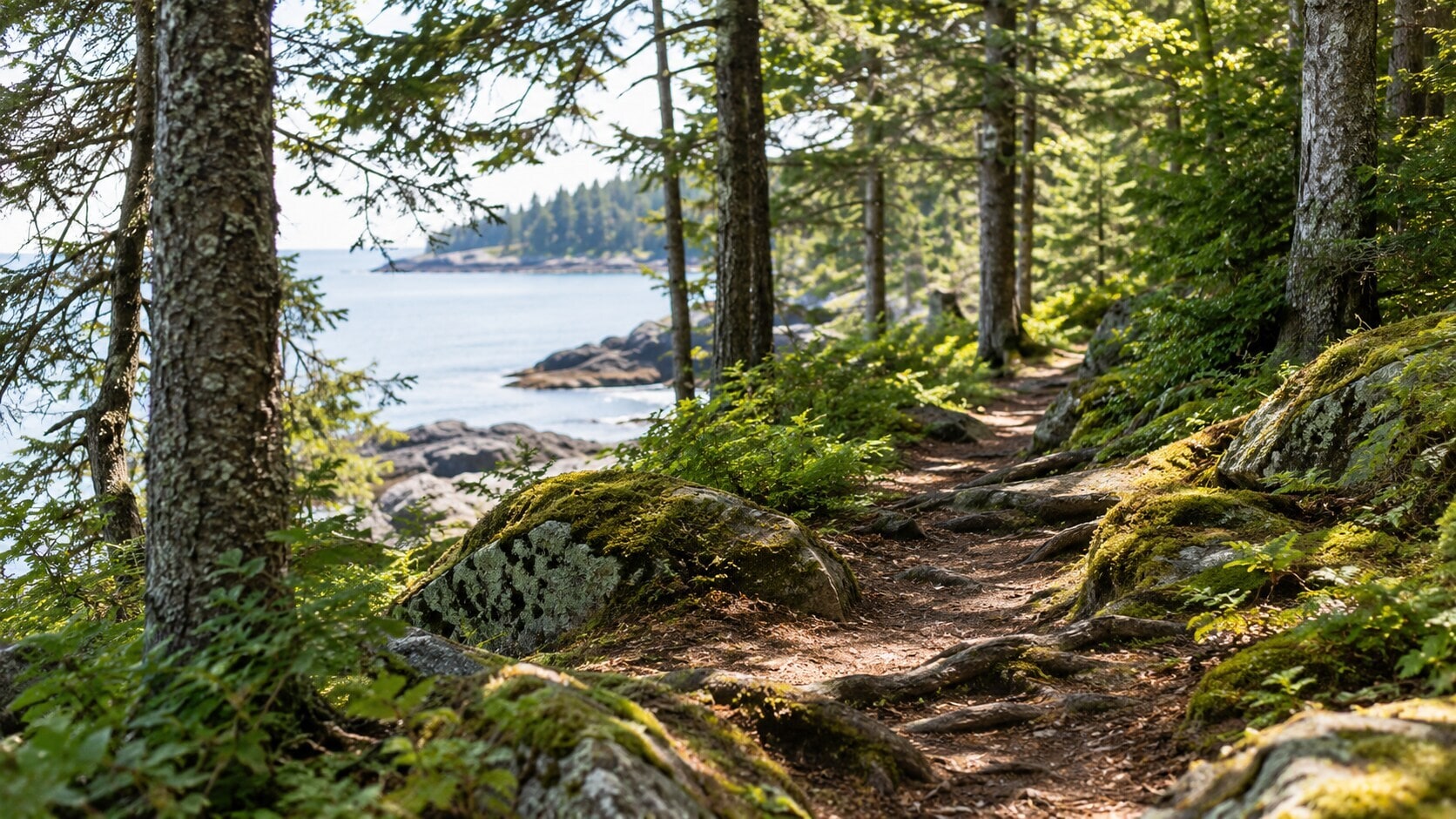 A narrow woods path circles the island, with gentle hills, rocks, and roots along the way. (AI-generated/ChatGPT)