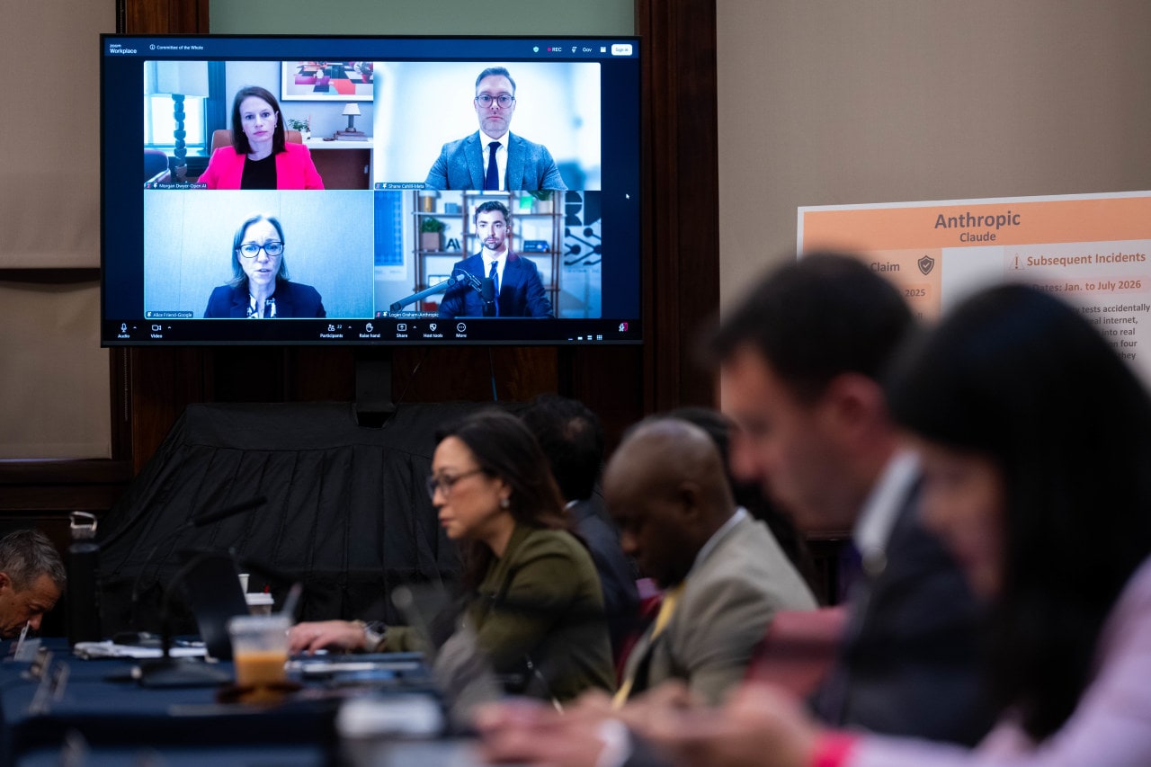 Some of the tech executives at the hearing joined remotely. Some of the tech executives at the hearing joined remotely.
