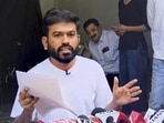 Cockroach Janta Party (CJP) founder Abhijeet Dipke addresses a press conference, in Chhatrapati Sambhajinagar on Tuesday (PTI)