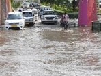 Flooding continued to affect residential pockets in Gomti Nagar Extension, particularly Sector 7 and River Enclave near the Signature building. (Deepak Gupta/HT)