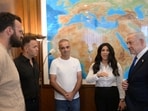 Israeli Prime Minister Benjamin Netanyahu meets with Yaniv Hayoun, Or Fradilov, Dr. Shota Musaev and his wife, Sigalit, who he described as "heroes" in Jerusalem October 1, 2026. 