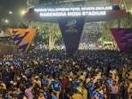 Fans congregate outside the Narendra Modi Stadium in Ahmedabad. (PTI)