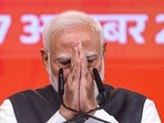 Prime Minister Narendra Modi addresses the gathering during the Viksit Bharat Sankalp Sabha at the Indira Gandhi Indoor Stadium.(PTI)