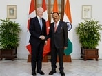 In this image received on Oct. 6, 2026, National Security Advisor (NSA) Ajit Doval, right, during a meeting with senior Diplomatic and International Affairs Advisor to the Prime Minister of Canada David Morrison, in New Delhi.(MEA via PTI)