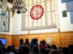 Cornell University students and community members attend a campus Town Hall discussing the University's handling of an alleged sexual assault case at Chi Phi fraternity, in Ithaca, New York, October 6, 2026. (REUTERS)