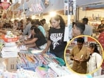 Buyers at the National Book Fair underway at Balrampur Garden. (Inset) Author Divya Prakash Dubey signing books at the event(Photos: HT)