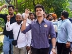 CJP co-convenor and spokesperson Saurav Das, along with party supporters, marches towards the Parliament Street Police Station from Patel Chowk, in New Delhi, Wednesday.(PTI)