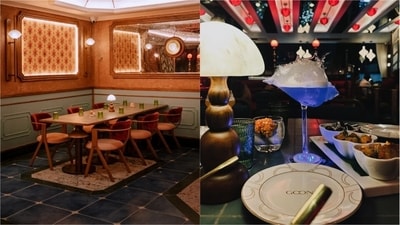 Cosy corner with sage-green panelling; a table with signature cocktails and starters. (Pics: Goonj and Sanya Panwar) Cosy corner with sage-green panelling; a table with signature cocktails and starters. (Pics: Goonj and Sanya Panwar)