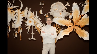Amin Jaffer pictured with Rajani Shettar’s Under the same sky. (Andrea Avezzu) Amin Jaffer pictured with Rajani Shettar’s Under the same sky. (Andrea Avezzu)