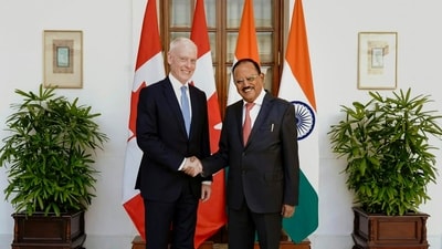 In this image received on Oct. 6, 2026, National Security Advisor (NSA) Ajit Doval, right, during a meeting with senior Diplomatic and International Affairs Advisor to the Prime Minister of Canada David Morrison, in New Delhi. (MEA via PTI) In this image received on Oct. 6, 2026, National Security Advisor (NSA) Ajit Doval, right, during a meeting with senior Diplomatic and International Affairs Advisor to the Prime Minister of Canada David Morrison, in New Delhi. (MEA via PTI)