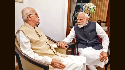 Prime Minister Narendra Modi during a meeting with veteran BJP leader and former deputy PM Lal Krishna Advani at the latter’s residence in New Delhi on Wednesday. (PTI) Prime Minister Narendra Modi during a meeting with veteran BJP leader and former deputy PM Lal Krishna Advani at the latter’s residence in New Delhi on Wednesday. (PTI)