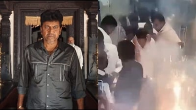 Shiva Rajkumar was almost hit in the face by a firefracker that went off suddenly. Shiva Rajkumar was almost hit in the face by a firefracker that went off suddenly.