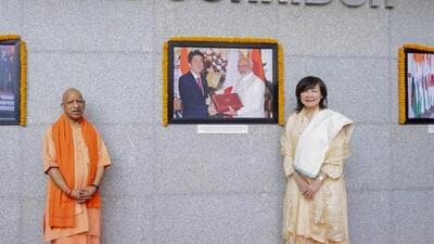 Uttar Pradesh chief minister Yogi Adityanath and Akie Abe, wife of former Japanese Prime Minister the late Shinzo Abe, during the inauguration ceremony of the ‘Abe Memorial Corridor’, in Varanasi on Wednesday. (PTI PHOTO) Uttar Pradesh chief minister Yogi Adityanath and Akie Abe, wife of former Japanese Prime Minister the late Shinzo Abe, during the inauguration ceremony of the ‘Abe Memorial Corridor’, in Varanasi on Wednesday. (PTI PHOTO)