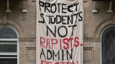 A banner hangs outside a student residence at Cornell. A banner hangs outside a student residence at Cornell.