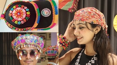 From baseball caps getting cowrie and kutchwork upgrades to padgis and bandannas with silver motifs, Navratri's coolest accessory is the headgear. 