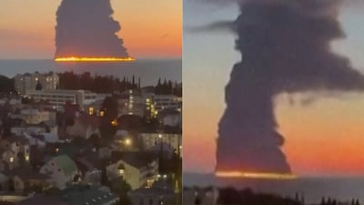 This screen grab taken from on October 6, 2026, shows a fire on a vessel believed to be an oil tanker at the Russian city of Sochi (Reuters, AFP)