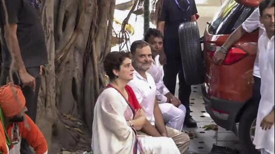 Congress MPs Rahul Gandhi and Priyanka Gandhi Vadra at Akashvani Bhavan on Tuesday.