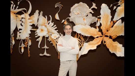 Amin Jaffer pictured with Rajani Shettar’s Under the same sky. (Andrea Avezzu)