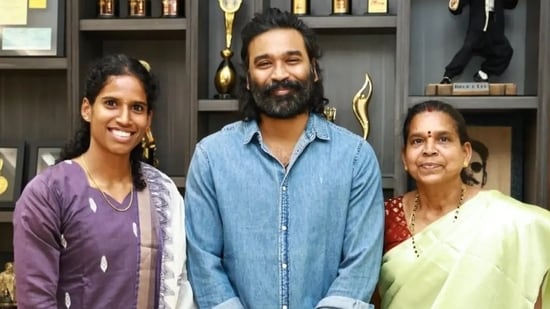 Dhanush meets Vithya Ramraj after her three-medal Asian Games haul.