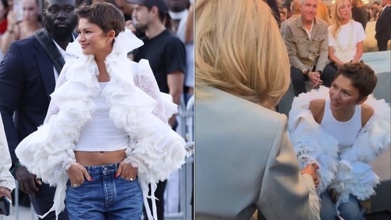 Zendaya is facing criticism online for remaining seated while greeting Brigitte Macron in Paris
