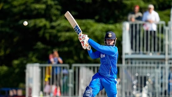 Vaibhav Sooryavanshi plays a shot during the second semifinal between India and Sri Lanka at the 2026 Asian Games. (PTI)