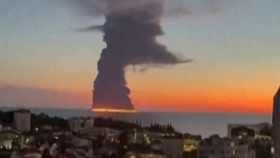 This screen grab taken from an UGC obtained by AFPTV on October 6, 2026, shows a fire on a vessel believed to be an oil tanker at the Russian city of Sochi
