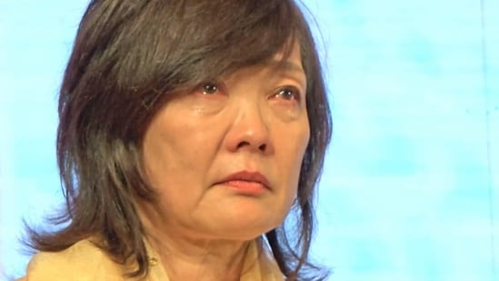 Akie Abe gets emotional during the inauguration of the ‘Shinzo Abe Memorial Corridor’ at the Rudraksh Convention Centre in Varanasi on Wednesday.