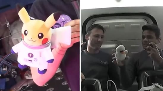 Pikachu floating aboard the ISS (L), Indian astronaut Shubhanshu Shukla holding a plushie named ‘Joy’ (R).