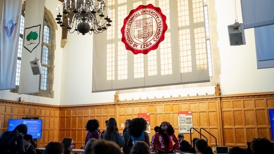 Cornell University students and community members attend a campus Town Hall discussing the University's handling of an alleged sexual assault case at Chi Phi fraternity, in Ithaca, New York, October 6, 2026. (REUTERS)