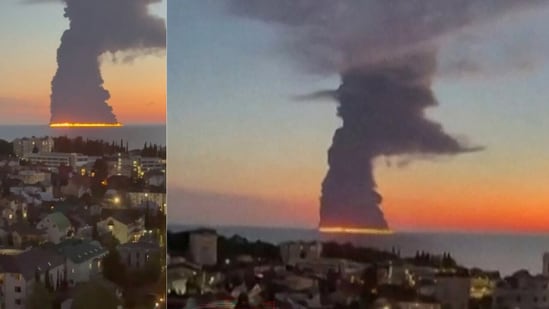 This screen grab taken from on October 6, 2026, shows a fire on a vessel believed to be an oil tanker at the Russian city of Sochi (Reuters, AFP)