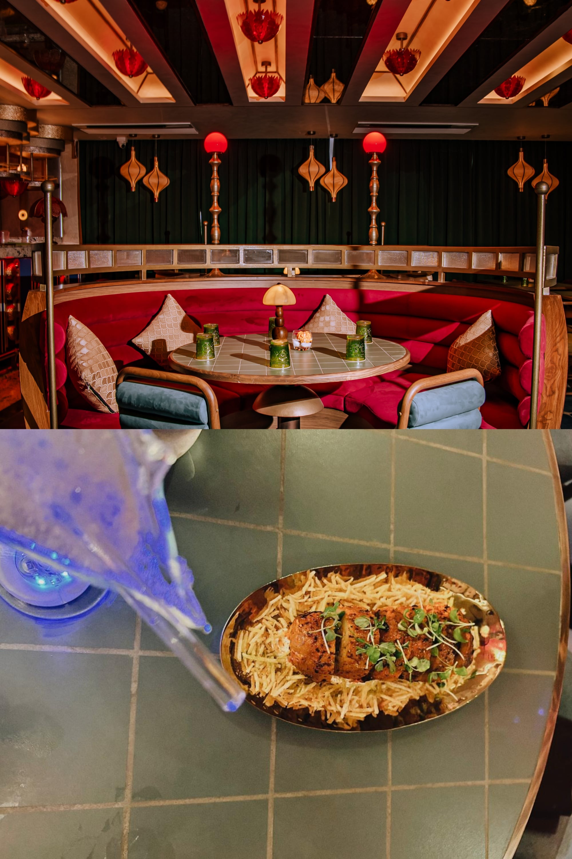 Deep red round booth with warm globe lighting; tandoori bharwan aloo served over crispy potato lachha straws. (Pics: Goonj and Sanya Panwar) Deep red round booth with warm globe lighting; tandoori bharwan aloo served over crispy potato lachha straws. (Pics: Goonj and Sanya Panwar)